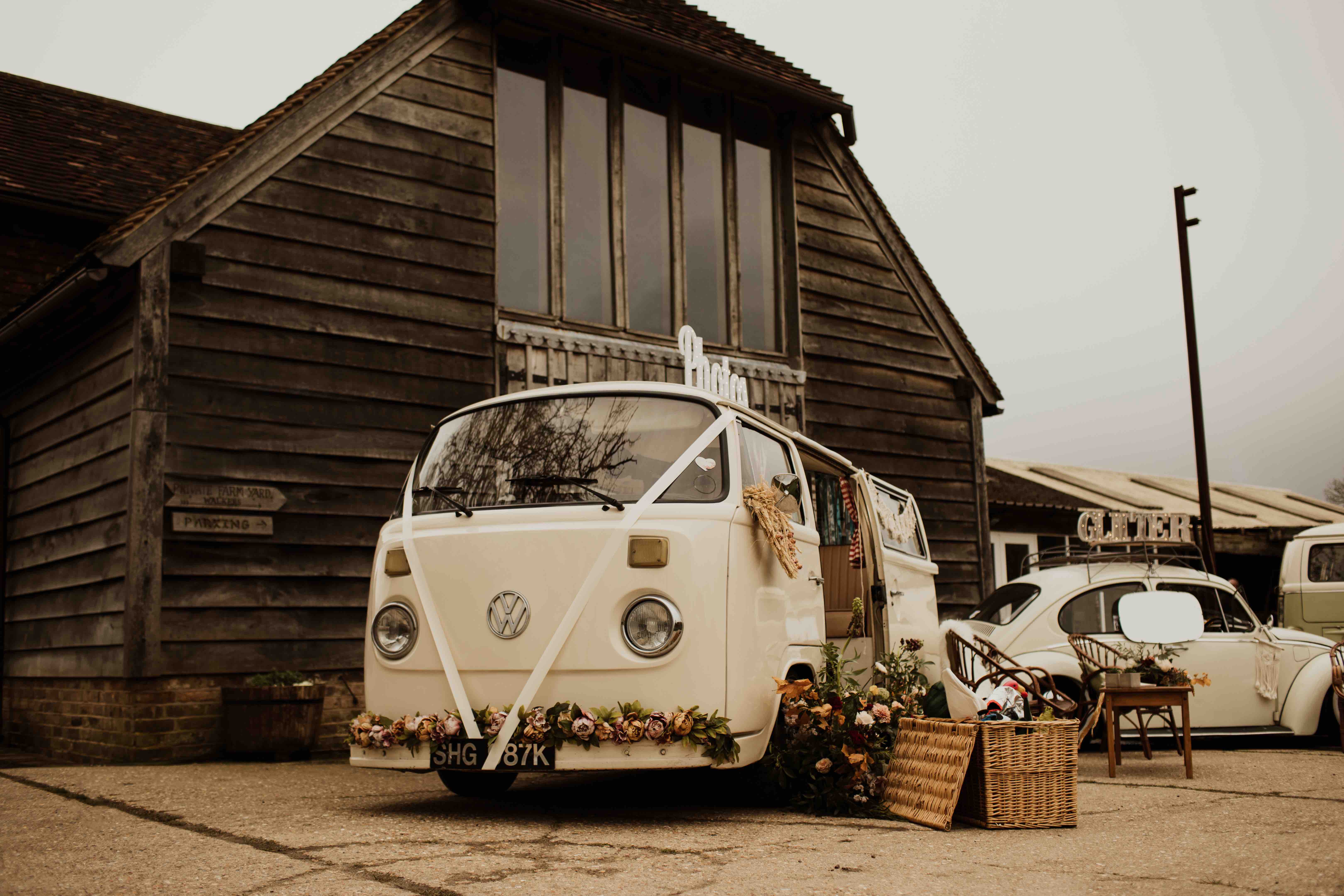 VW Camper Vans for boho wedding | The Yoghurts Rooms | Barn wedding venue in Sussex