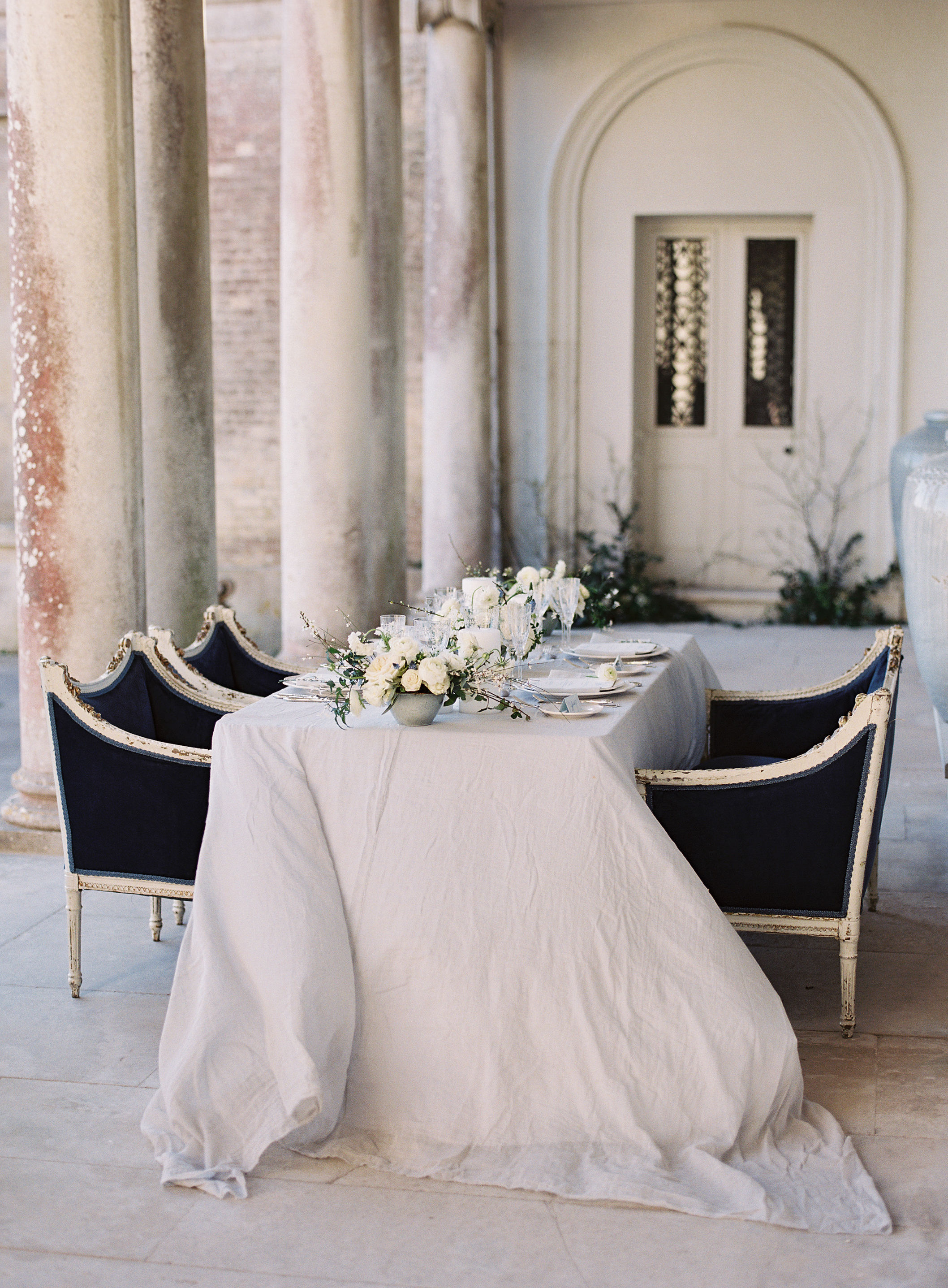 Romantic wedding table at Somerley House, Hampshire. Photo by Camilla Arnhold