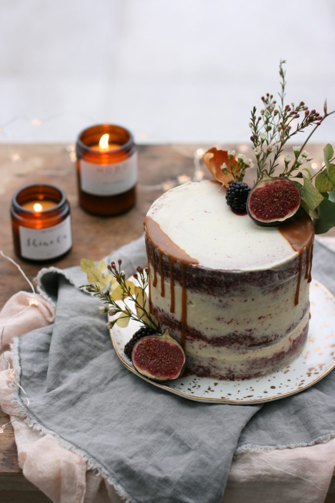 Red velvet buttercream cake with autumnal styling