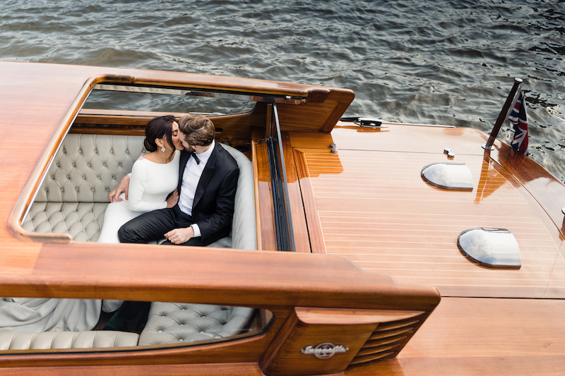 Luxury micro wedding on limousine boat River Thames London | Justin Alexander gown | Sugar Plum Bakes wedding cake maker | Rebecca Searle Photography
