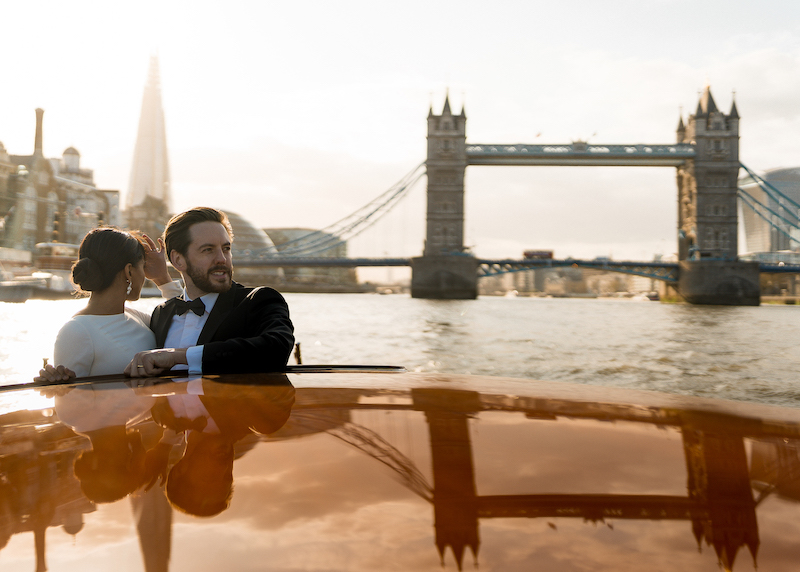 Luxury micro wedding on limousine boat River Thames London | Justin Alexander gown | Sugar Plum Bakes wedding cake maker | Rebecca Searle Photography