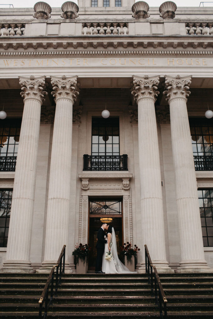 Intimate luxury winter wedding at Old Marylebone Town Hall London | Pronovias bride | Sammy Taylor photography