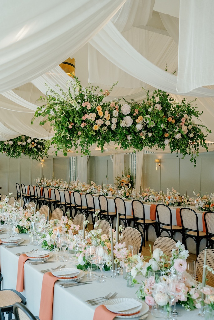 Wedding Reception with florals and draping | Kin House Wiltshire | Jessica Lily Photography