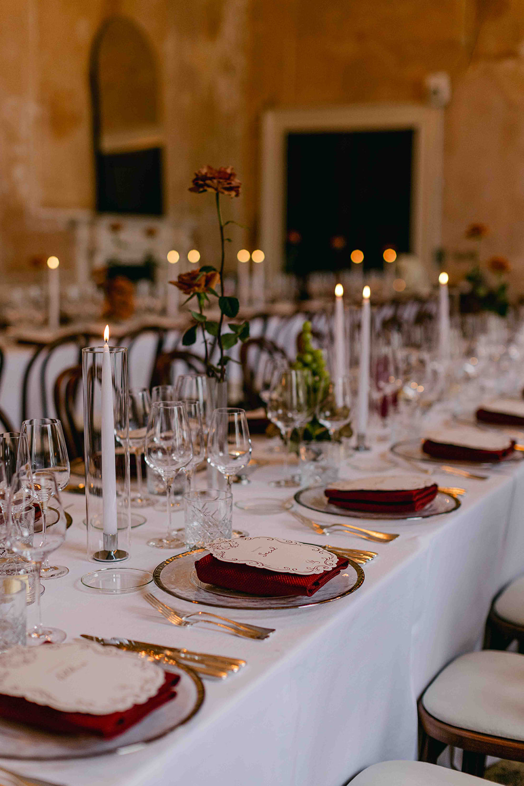 Modern wedding reception with red flowers at Old Session House London | Phiulippa Sian Photography